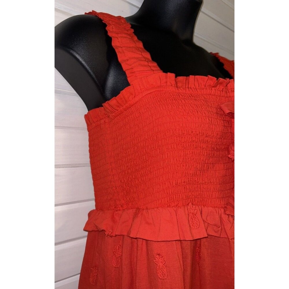 NWT FARM RIO Sz XL Red Pineapple Embroidered Smocked Bow Tie Ruffle Maxi Dress - Picture 4 of 12